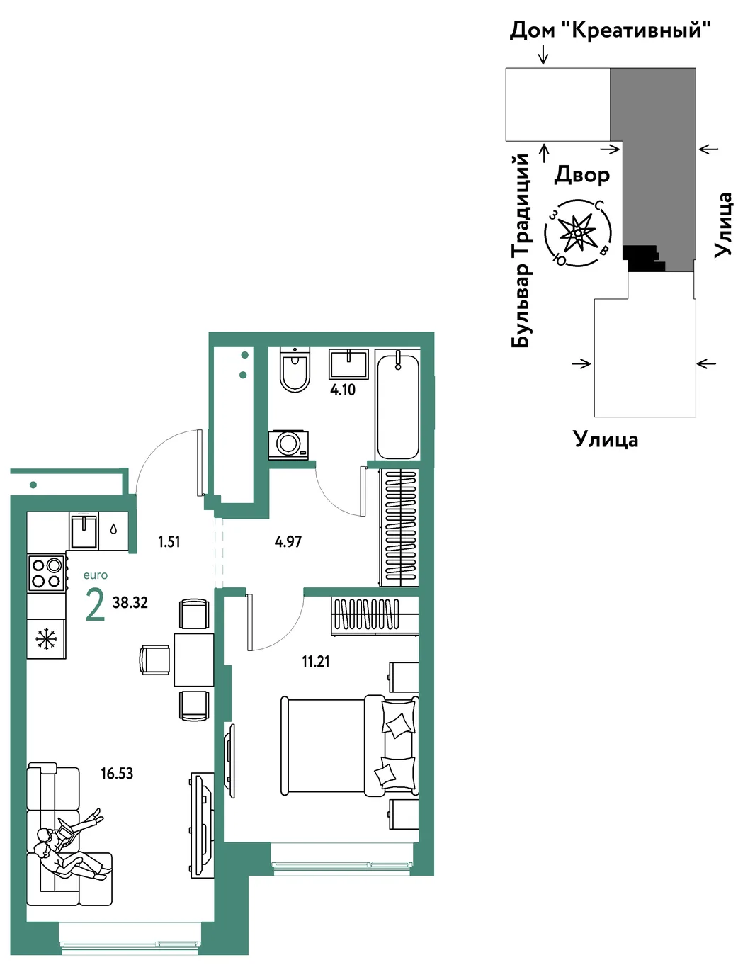 Планировка 2-комн. квартира, 38.32 м² ЖК «Микрорайон Домашний»