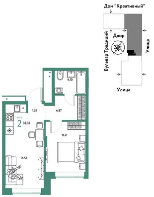 Планировка 2-комн. квартира, 38.32 м² ЖК «Микрорайон Домашний»