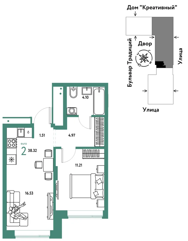 Планировка 2-комн. квартира, 38.32 м² ЖК «Микрорайон Домашний» Планировка 2-комн. квартира, 38.32 м² ЖК «Микрорайон Домашний»