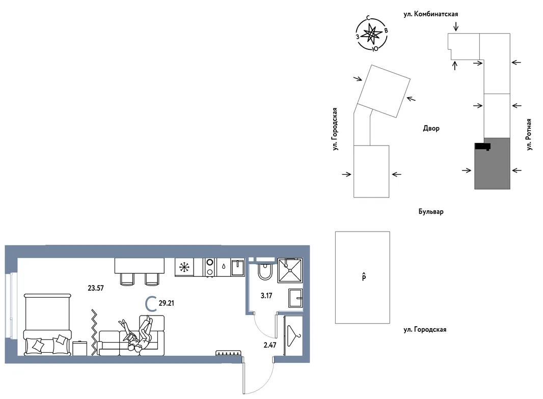 Планировка Студия, 29.21 м² ЖК «Уральский сад»