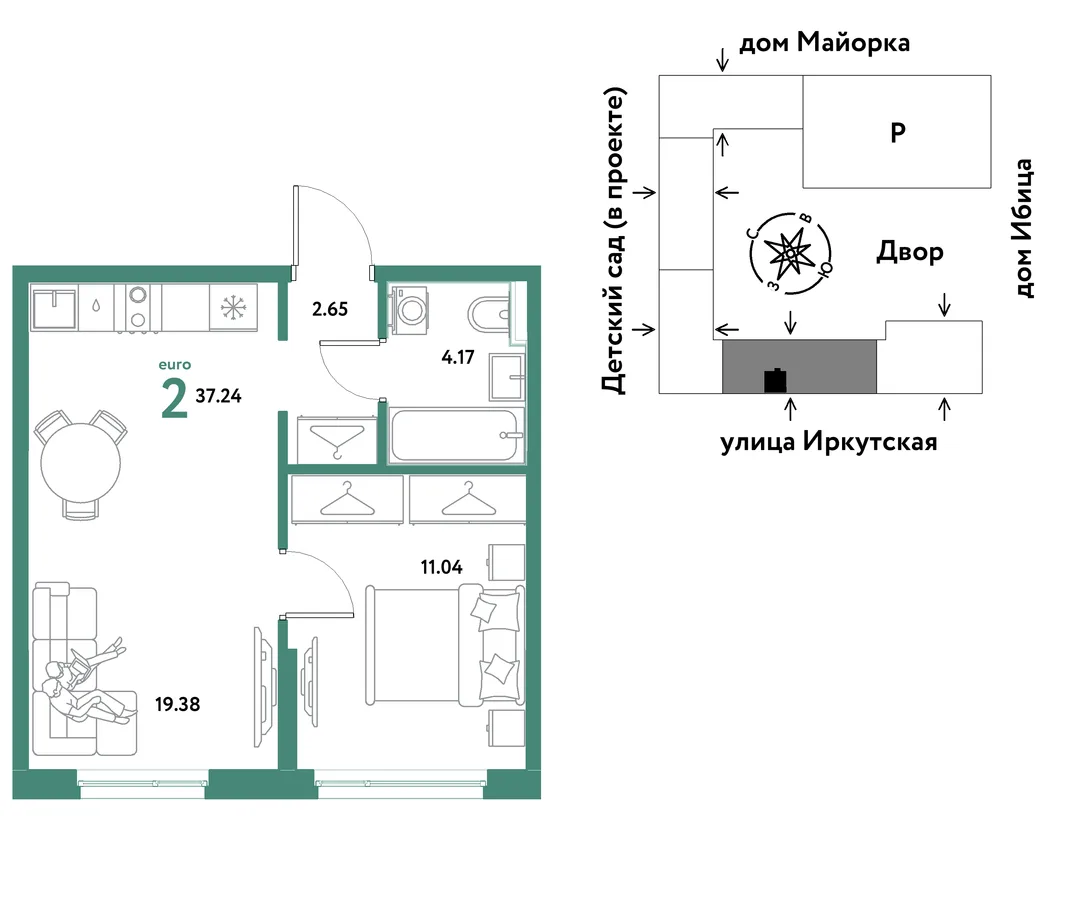 Планировка 2-комн. квартира, 37.24 м² ЖК «Остров-сад»