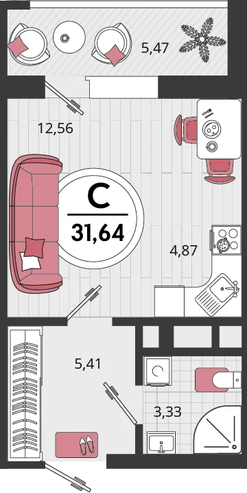 Планировка 1-комн. квартира, 31.64 м² ЖК «Родные просторы»