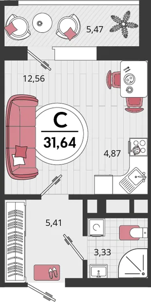 Планировка 1-комн. квартира, 31.64 м² ЖК «Родные просторы»