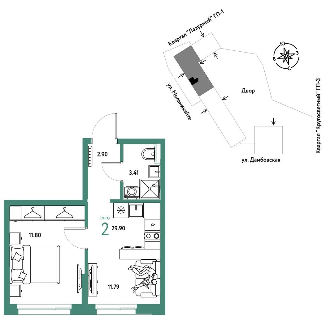 Планировка 2-комн. квартира, 29.9 м² ЖК «Страна Прибрежная»