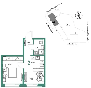Планировка 2-комн. квартира, 29.9 м² ЖК «Страна Прибрежная»