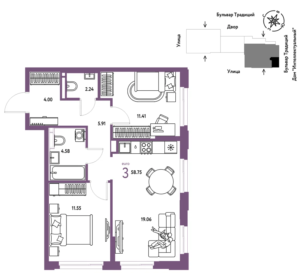 Планировка 3-комн. квартира, 58.75 м² ЖК «Микрорайон Домашний»