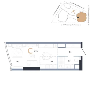 Планировка Студия, 31.7 м² ЖК «АУРУС Резиденции»