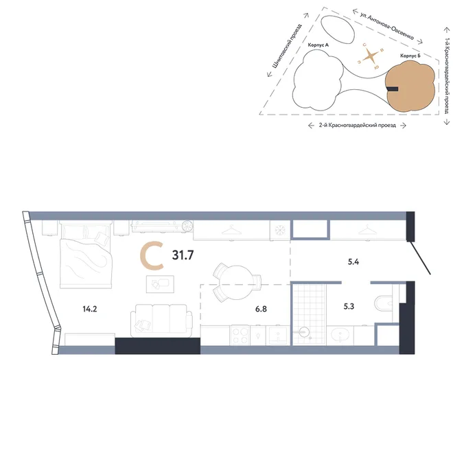 Планировка Студия, 31.7 м² ЖК «АУРУС Резиденции» Планировка Студия, 31.7 м² ЖК «АУРУС Резиденции»