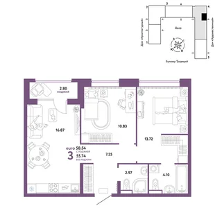 Планировка 3-комн. квартира, 58.54 м² ЖК «Микрорайон Домашний»