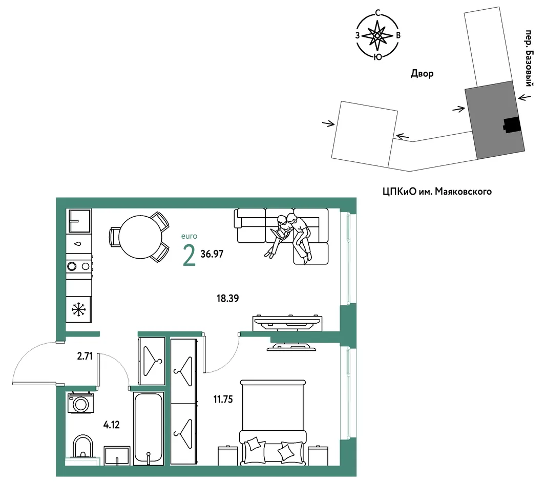 Планировка 2-комн. квартира, 36.97 м² ЖК «Сибирский сад»