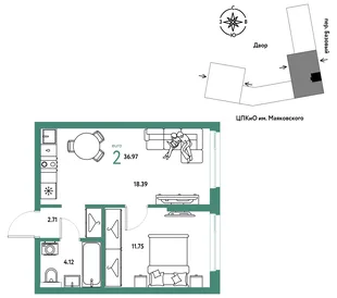 Планировка 2-комн. квартира, 36.97 м² ЖК «Сибирский сад»