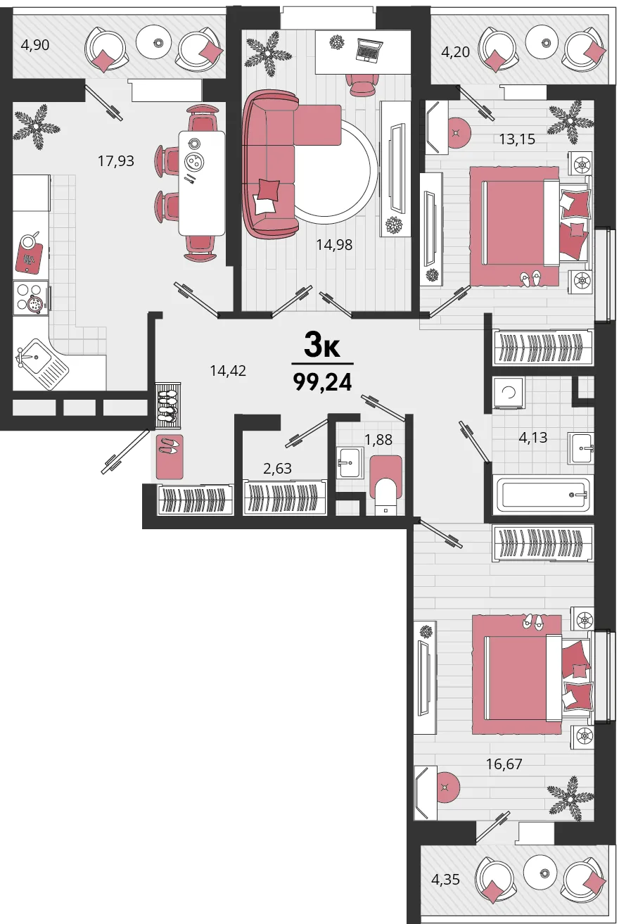 Планировка 3-комн. квартира, 99.24 м² ЖК «Родные просторы»