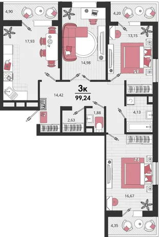 Планировка 3-комн. квартира, 99.24 м² ЖК «Родные просторы»