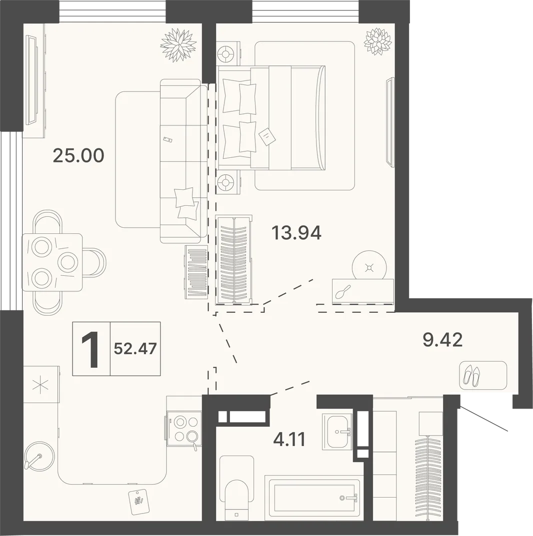 Планировка 1-комн. квартира, 52.47 м² ЖК «Светский лес»