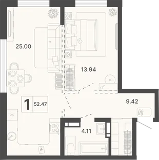 Планировка 1-комн. квартира, 52.47 м² ЖК «Светский лес»