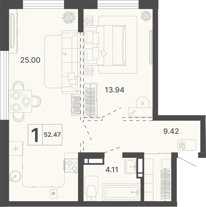 Планировка 1-комн. квартира, 52.47 м² ЖК «Светский лес»