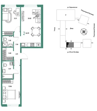 Планировка 2-комн. квартира, 64.59 м² ЖК «Сердце Сибири»