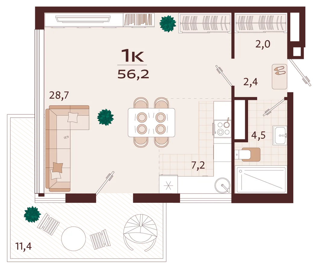 Планировка 1-комн. квартира, 56.2 м² ЖК «Роялта»