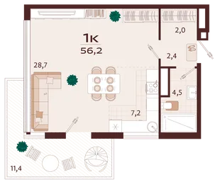 Планировка 1-комн. квартира, 56.2 м² ЖК «Роялта»