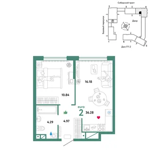 Планировка 2-комн. квартира, 36.28 м² ЖК «Сибирский сад»