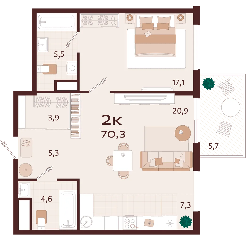 Планировка 2-комн. квартира, 70.3 м² ЖК «Роялта»