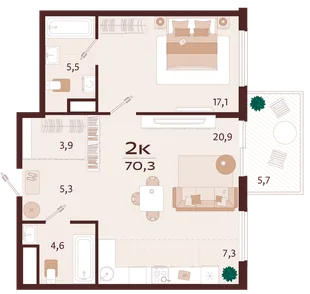 Планировка 2-комн. квартира, 70.3 м² ЖК «Роялта»