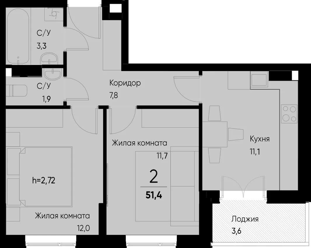 Планировка 2-комн. квартира, 51.3 м² ЖК «Васильевский остров»