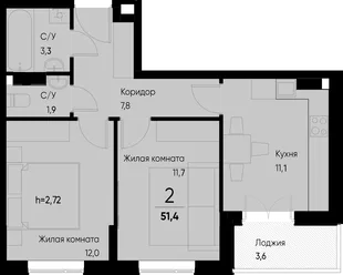 Планировка 2-комн. квартира, 51.3 м² ЖК «Васильевский остров»