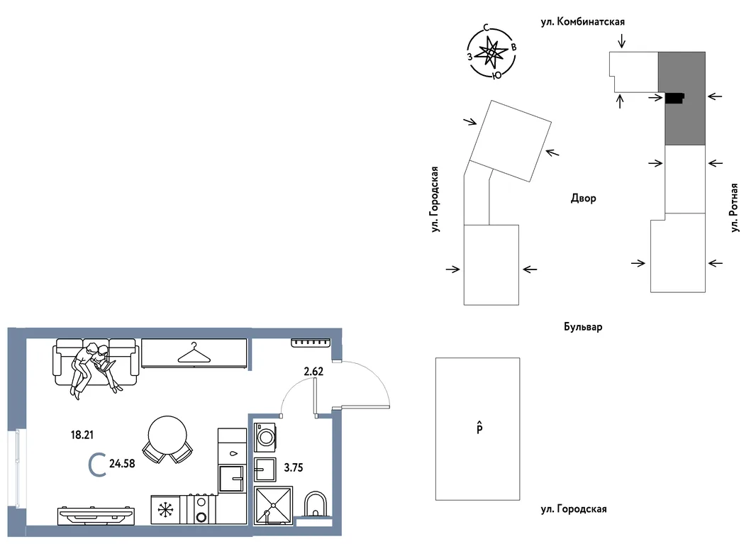 Планировка Студия, 24.58 м² ЖК «Уральский сад»