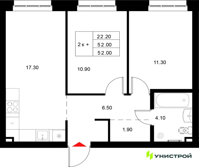 Планировка 2-комн. квартира, 52 м² ЖК «Уникод на Технической» Планировка 2-комн. квартира, 52 м² ЖК «Уникод на Технической»
