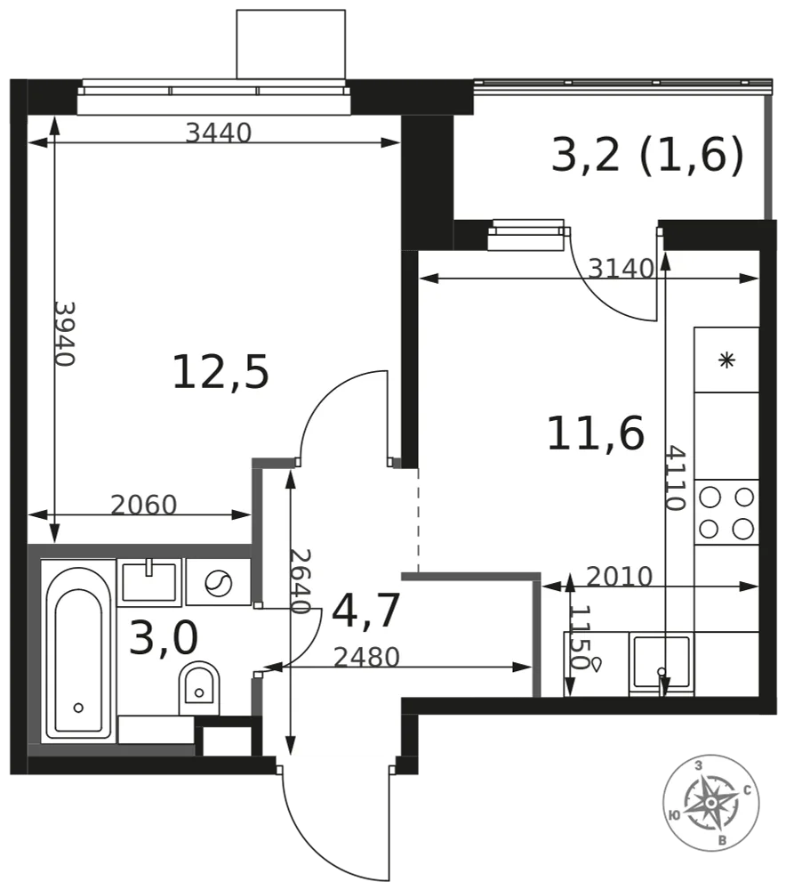 Планировка 1-комн. квартира, 33.4 м² ЖК «1-й Химкинский»