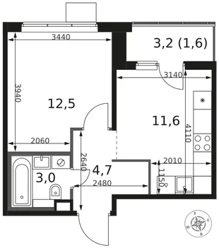 Планировка 1-комн. квартира, 33.4 м² ЖК «1-й Химкинский»
