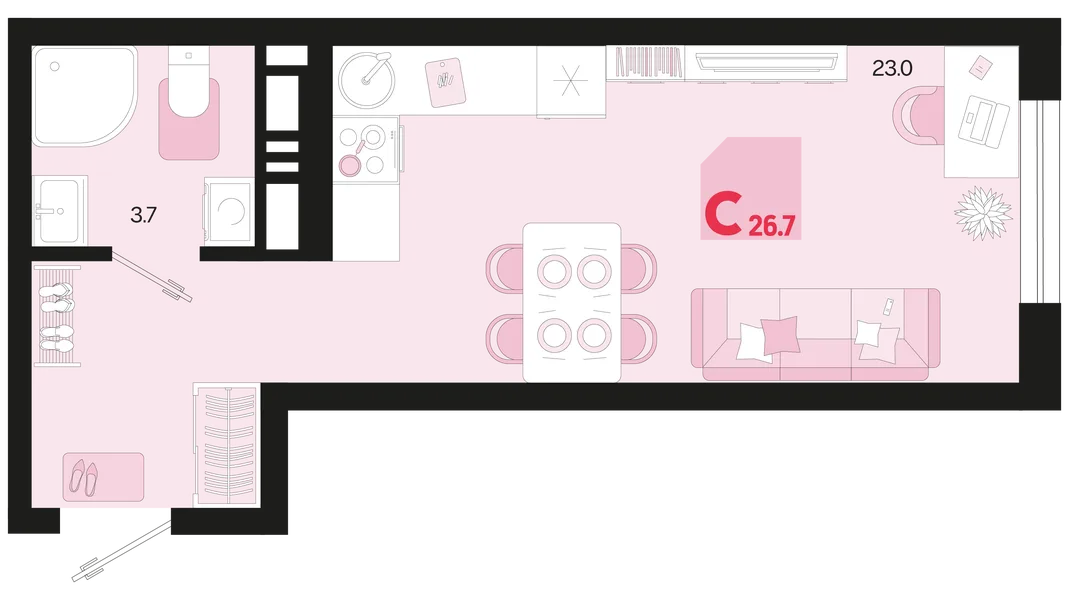 Планировка Студия, 26.7 м² ЖК «Первое место»