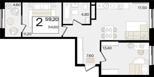 Планировка 2-комн. квартира, 59.2 м² ЖК «Патрики»