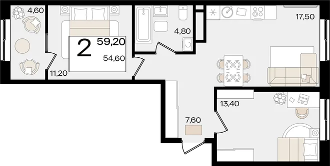 Планировка 2-комн. квартира, 59.2 м² ЖК «Патрики» Планировка 2-комн. квартира, 59.2 м² ЖК «Патрики»