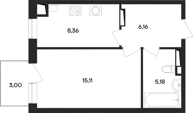 Планировка 1-комн. квартира, 38.1 м² ЖК «Кубики»