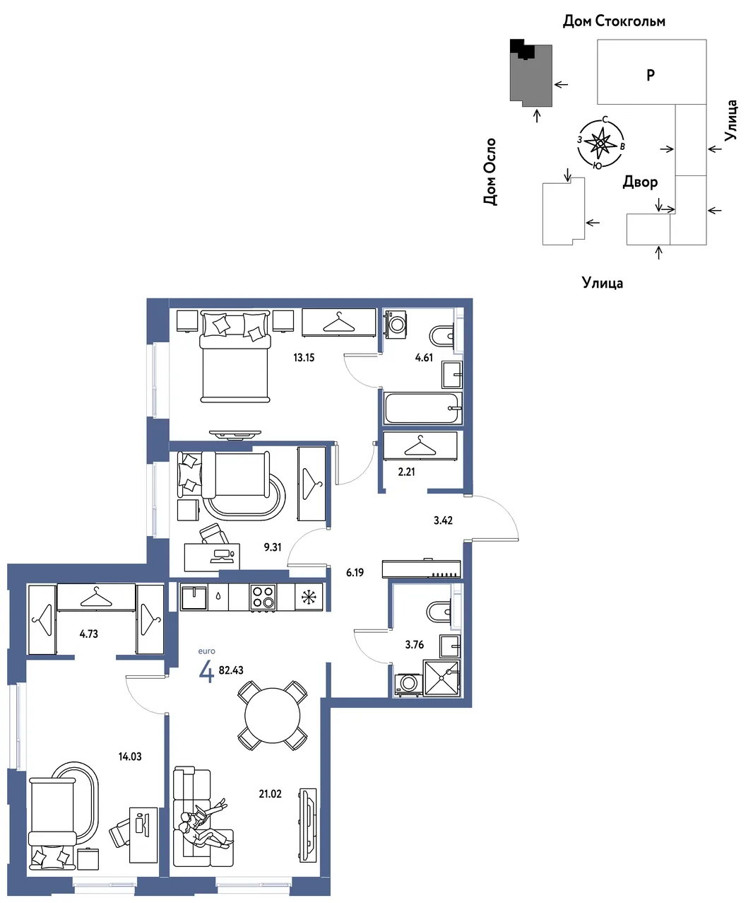 Планировка 4-комн. квартира, 82.43 м² ЖК «Европейский берег 2.0»