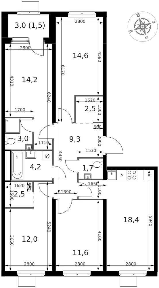 Планировка 4-комн. квартира, 95.5 м² ЖК «1-й Химкинский»