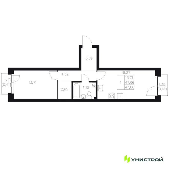 Планировка 1-комн. квартира, 47.88 м² ЖК «Statum»