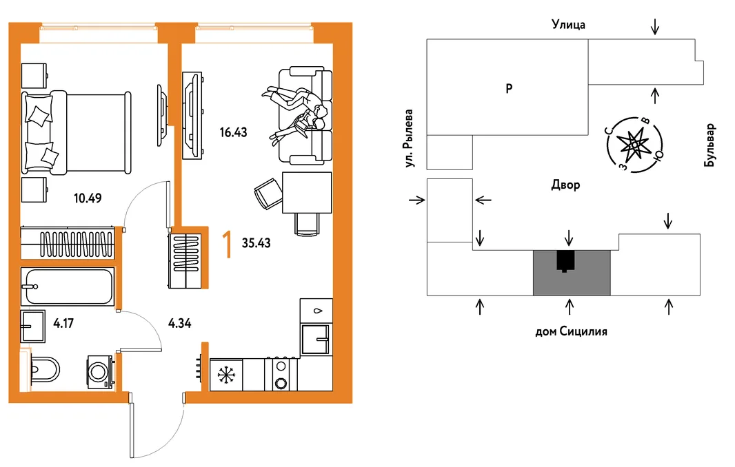 Планировка 1-комн. квартира, 35.43 м² ЖК «Остров-сад»