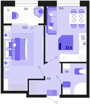 Планировка 1-комн. квартира, 37.4 м² ЖК «Первое место»