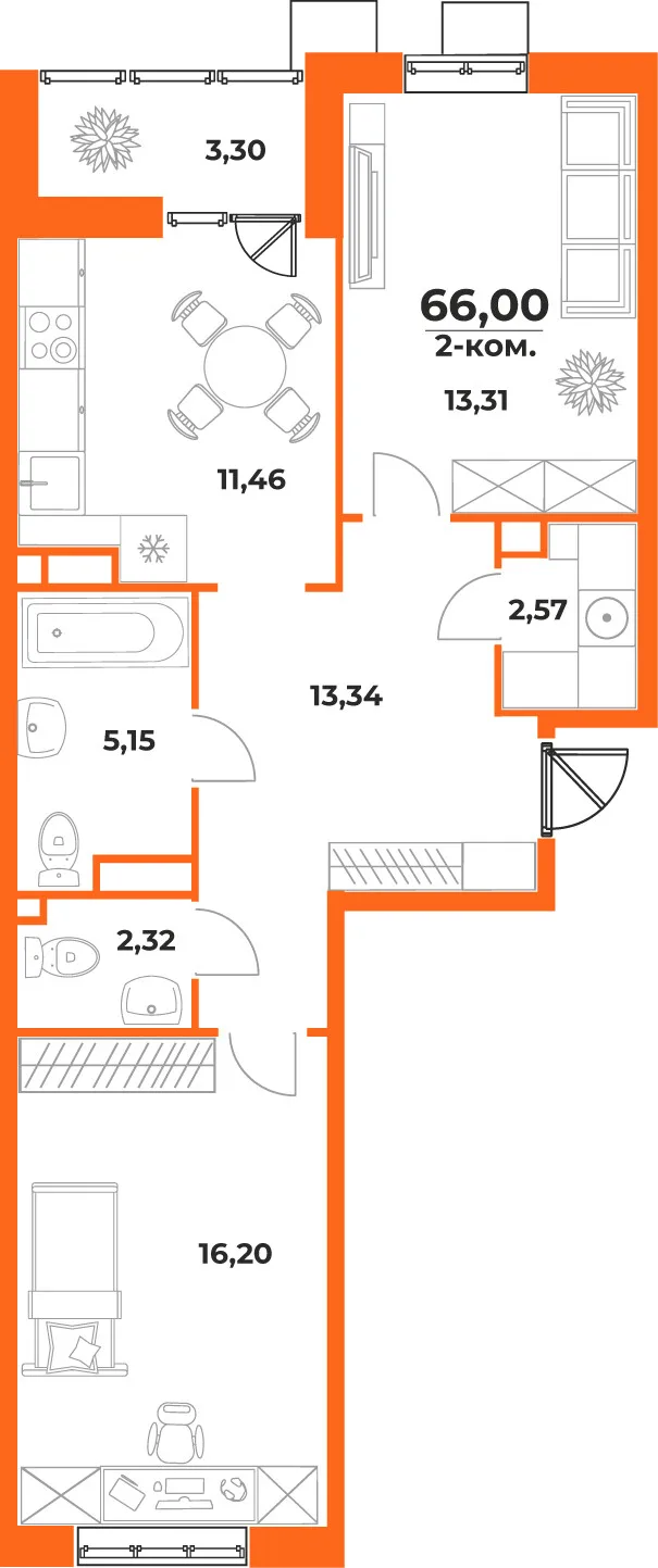 Планировка 2-комн. квартира, 66 м² ЖК «Живописный сад» Планировка 2-комн. квартира, 66 м² ЖК «Живописный сад»