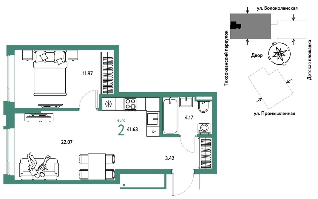Планировка 2-комн. квартира, 41.63 м² ЖК «Страна Прибрежная»