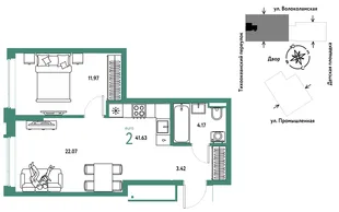 Планировка 2-комн. квартира, 41.63 м² ЖК «Страна Прибрежная»