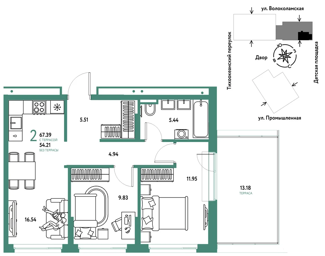 Планировка 2-комн. квартира, 67.39 м² ЖК «Страна Прибрежная»