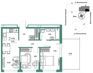 Планировка 2-комн. квартира, 67.39 м² ЖК «Страна Прибрежная»