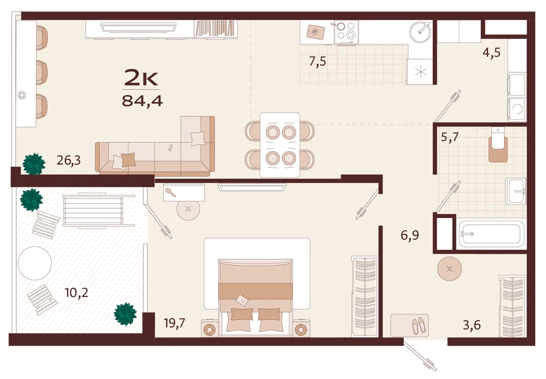 Планировка 2-комн. квартира, 84.4 м² ЖК «Роялта»