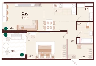 Планировка 2-комн. квартира, 84.4 м² ЖК «Роялта»
