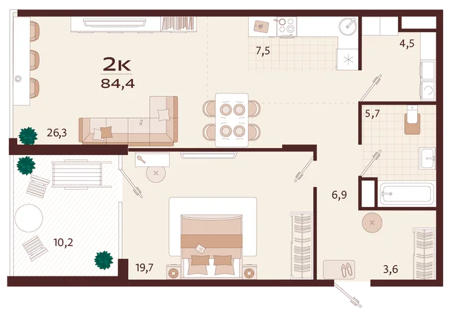 Планировка 2-комн. квартира, 84.4 м² ЖК «Роялта» Планировка 2-комн. квартира, 84.4 м² ЖК «Роялта»