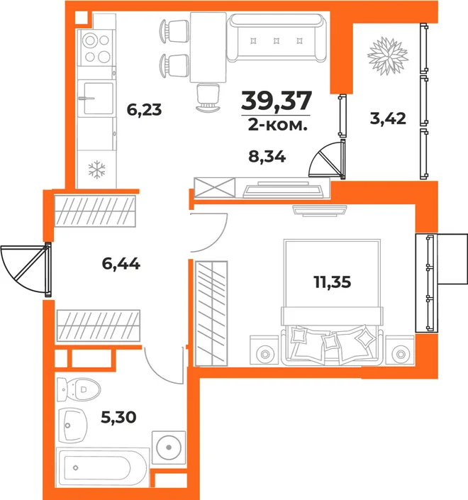 Планировка 2-комн. квартира, 39.37 м² ЖК «Живописный сад» Планировка 2-комн. квартира, 39.37 м² ЖК «Живописный сад»